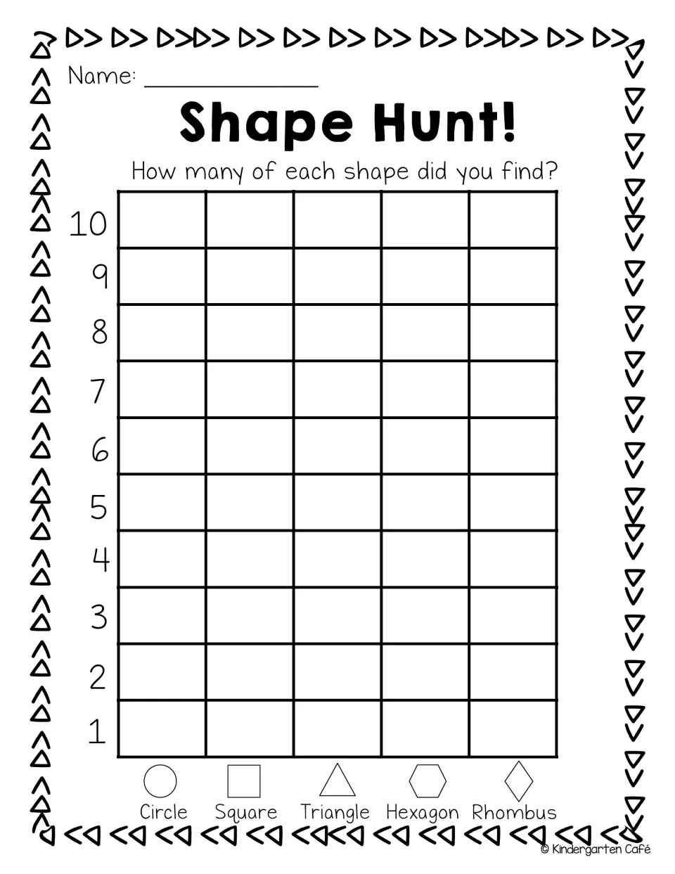 Shape Hunt graph: students count circles, squares, triangles, hexagons and rhombuses they found and graph each total up to 10
