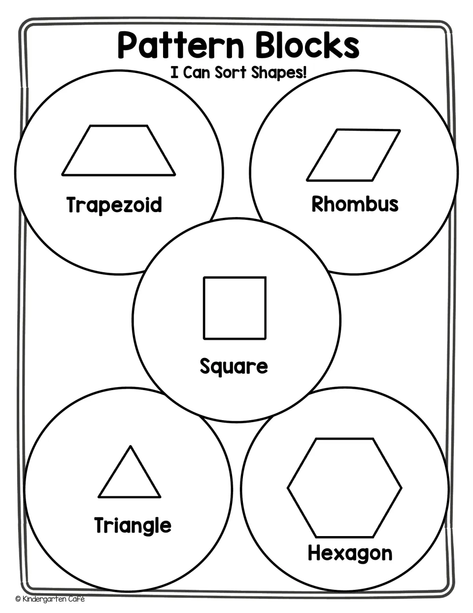 Pattern Blocks, I Can Sort Shapes: kids sort blocks into trapezoid, rhombus, square, triangle and hexagon circles
