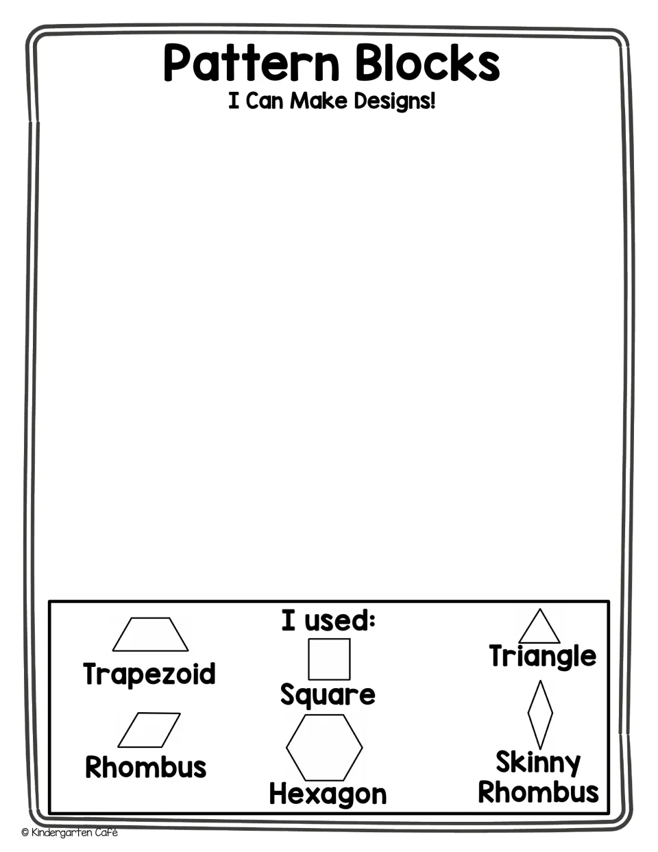 Make Designs mat, no write-in blanks: students build a pattern block design using a picture key of the six shape names