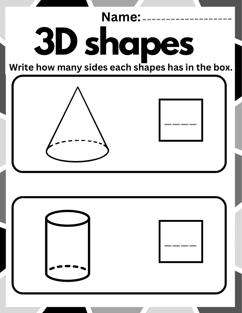 3D shapes: students count the sides of a cone and a cylinder and write each number in the box beside the drawing
