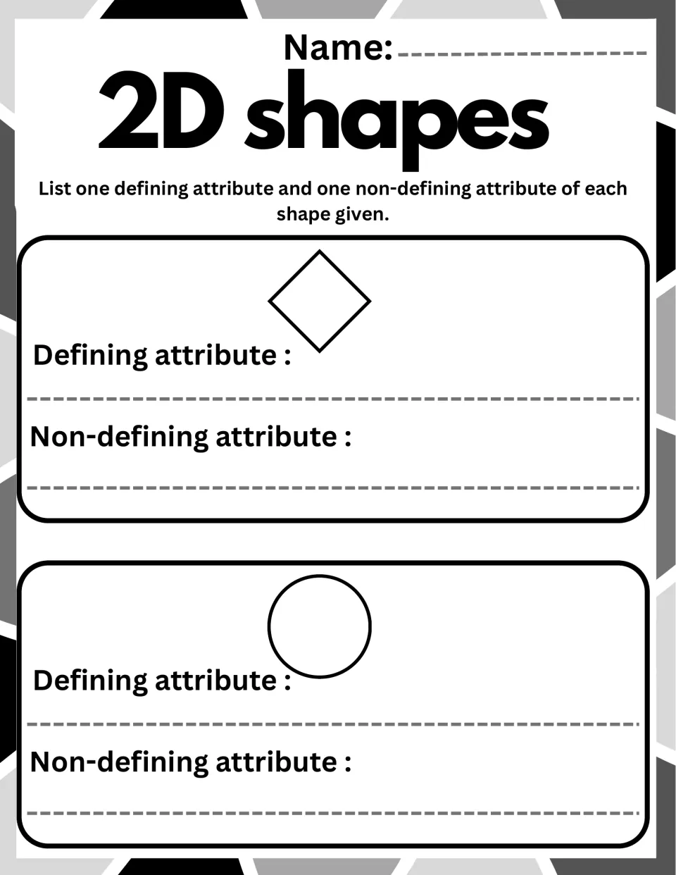 2D shape attributes: students write one defining and one non-defining attribute for a diamond and for a circle
