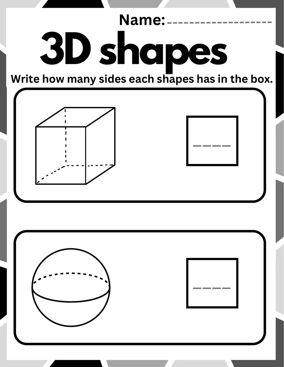 3D shapes practice: students write how many sides a cube has and how many a sphere has, comparing flat and curved solids