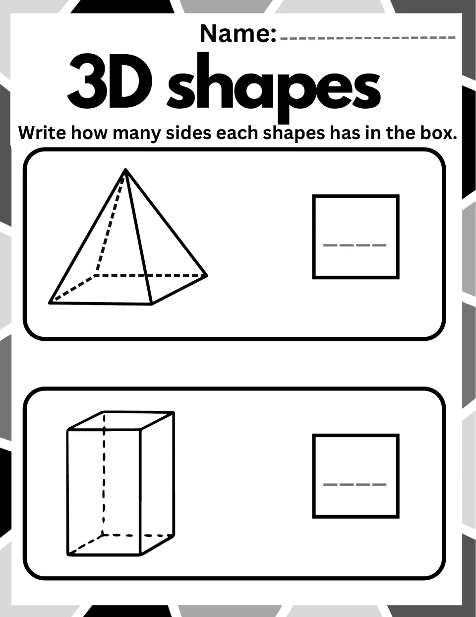 Counting sides of solids: students record the number of sides on a square pyramid and a rectangular prism drawing