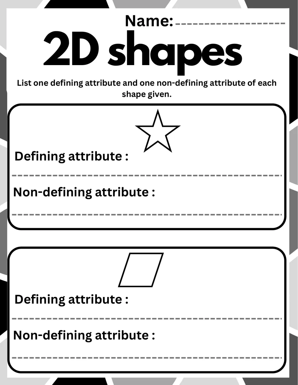 2D shapes attribute writing: students name what defines a star and a parallelogram and one feature that does not
