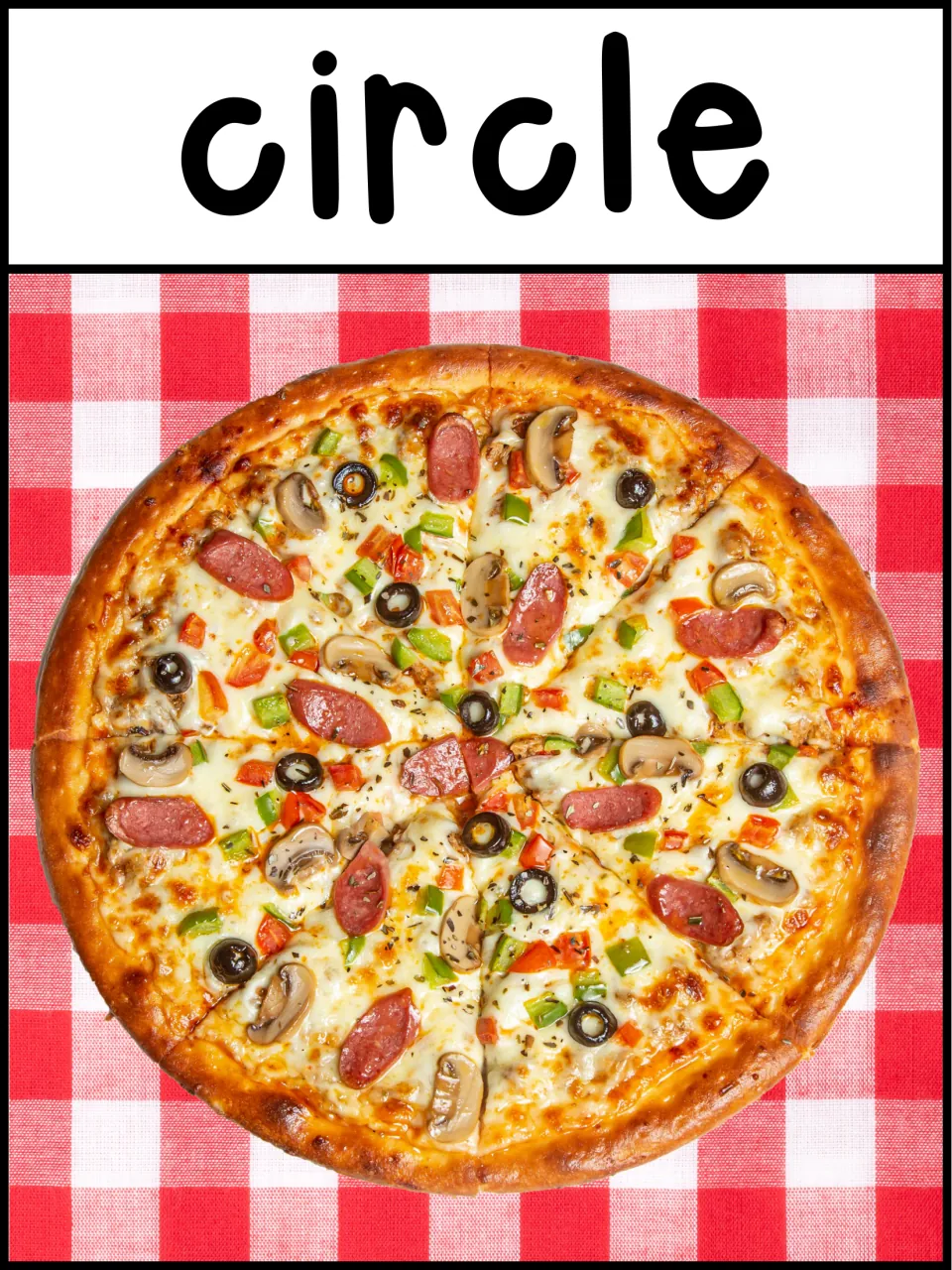Circle shape poster: a round pizza on a red checked tablecloth helps students spot circles in everyday objects