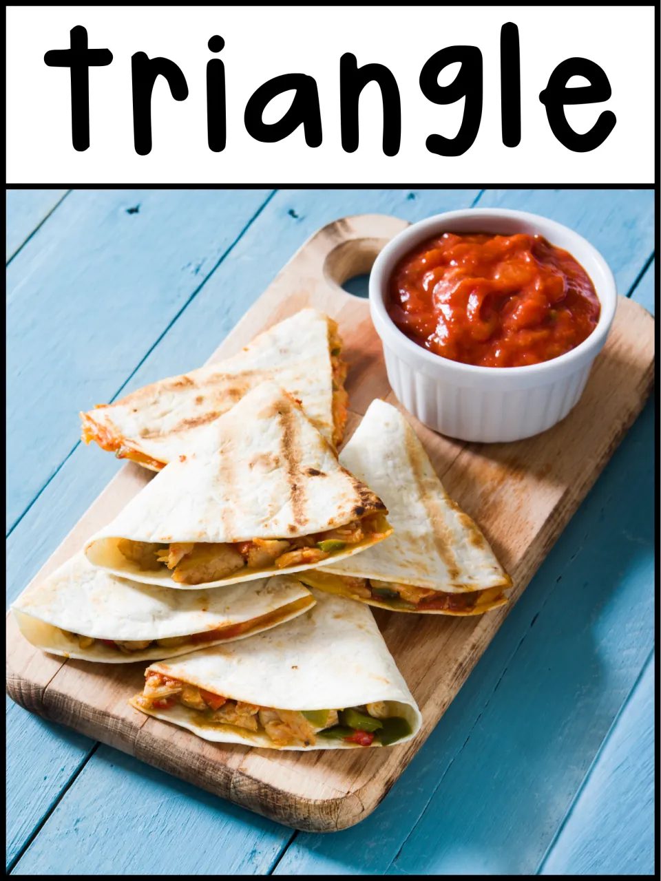 Triangle shape poster: quesadilla wedges with a bowl of salsa show students triangles in food