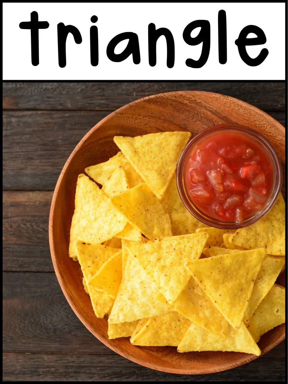 Triangle poster of tortilla chips around a salsa dish for recognizing three-sided shapes in snacks
