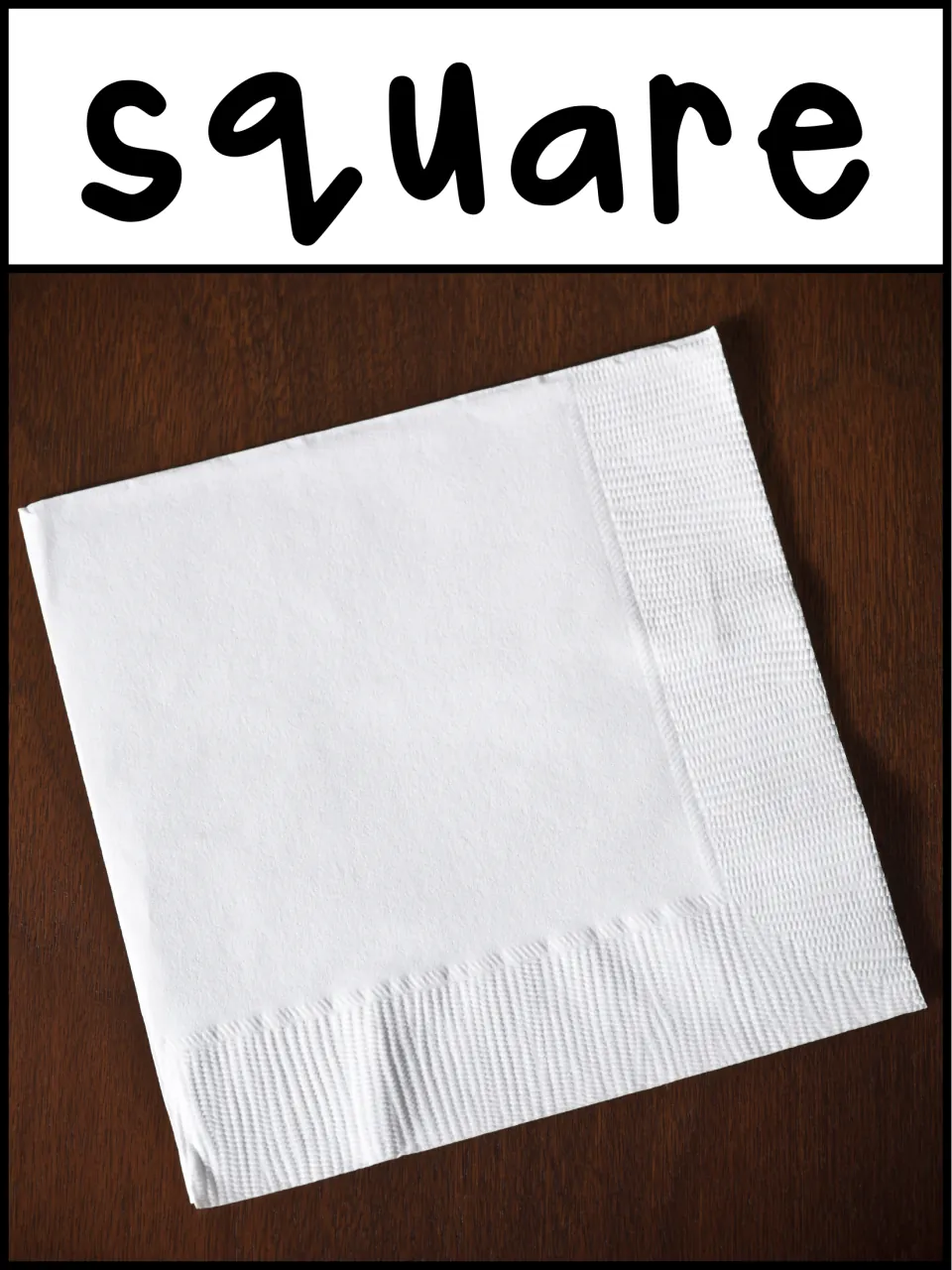 Square poster of a folded white paper napkin on a wood table for spotting four equal sides