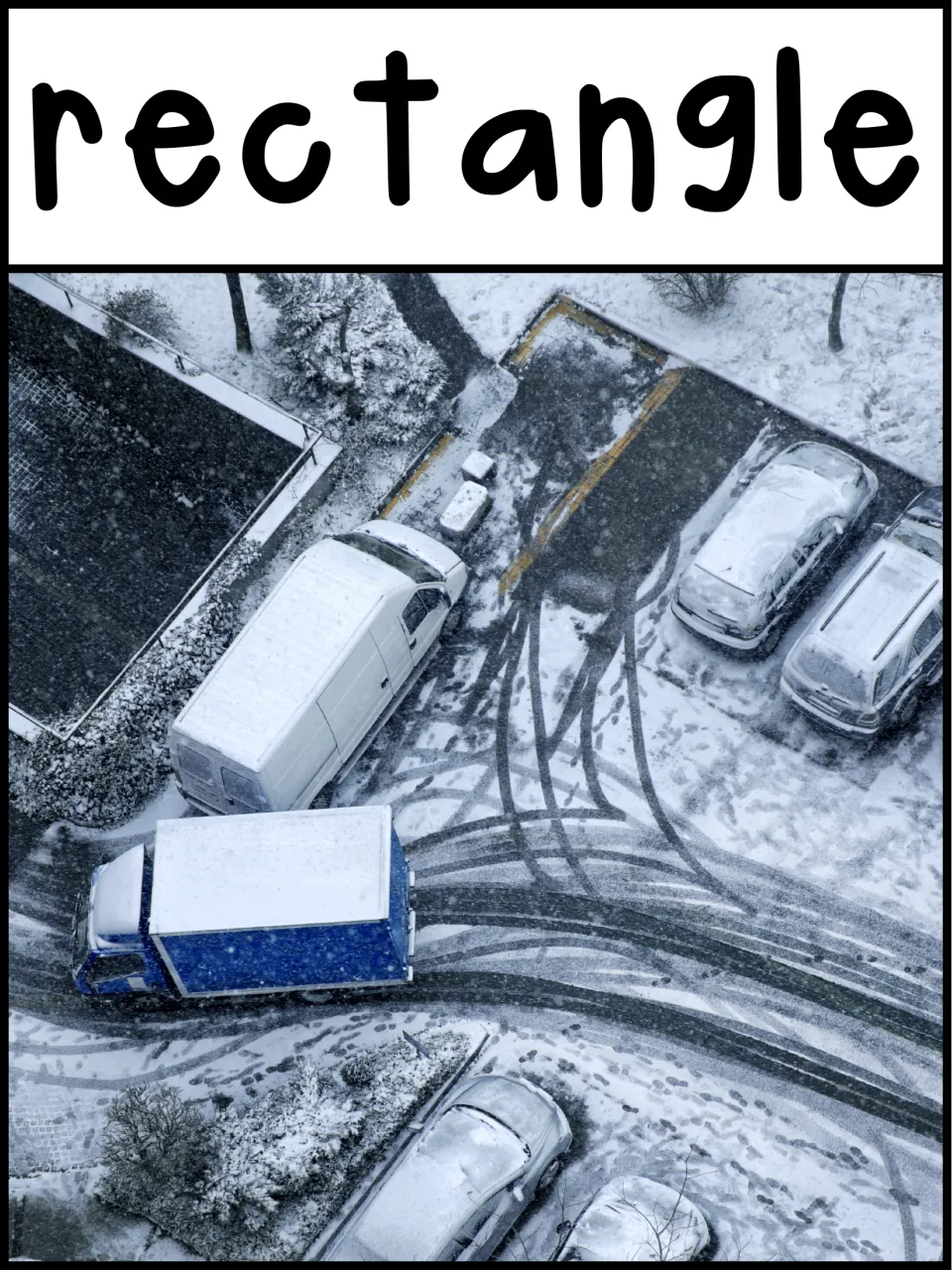 Rectangle shape poster: aerial view of a box truck, van and parked cars in snow for finding rectangles
