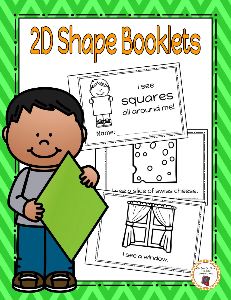2D Shape Booklets cover showing sample squares booklet pages: 'I see a slice of swiss cheese' and 'I see a window'
