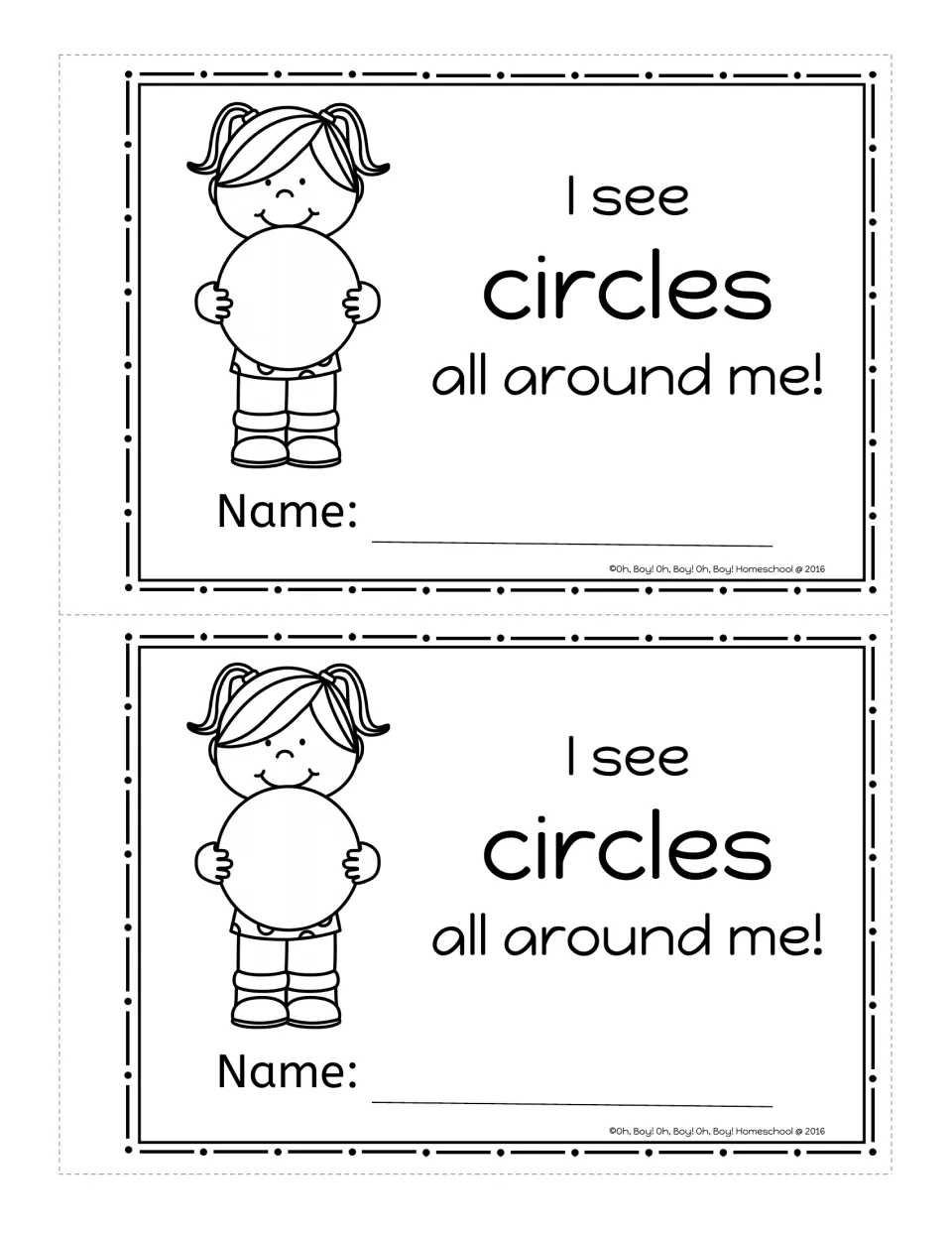 Circle booklet cover with a girl holding a circle, 'I see circles all around me!' and a name line, printed twice