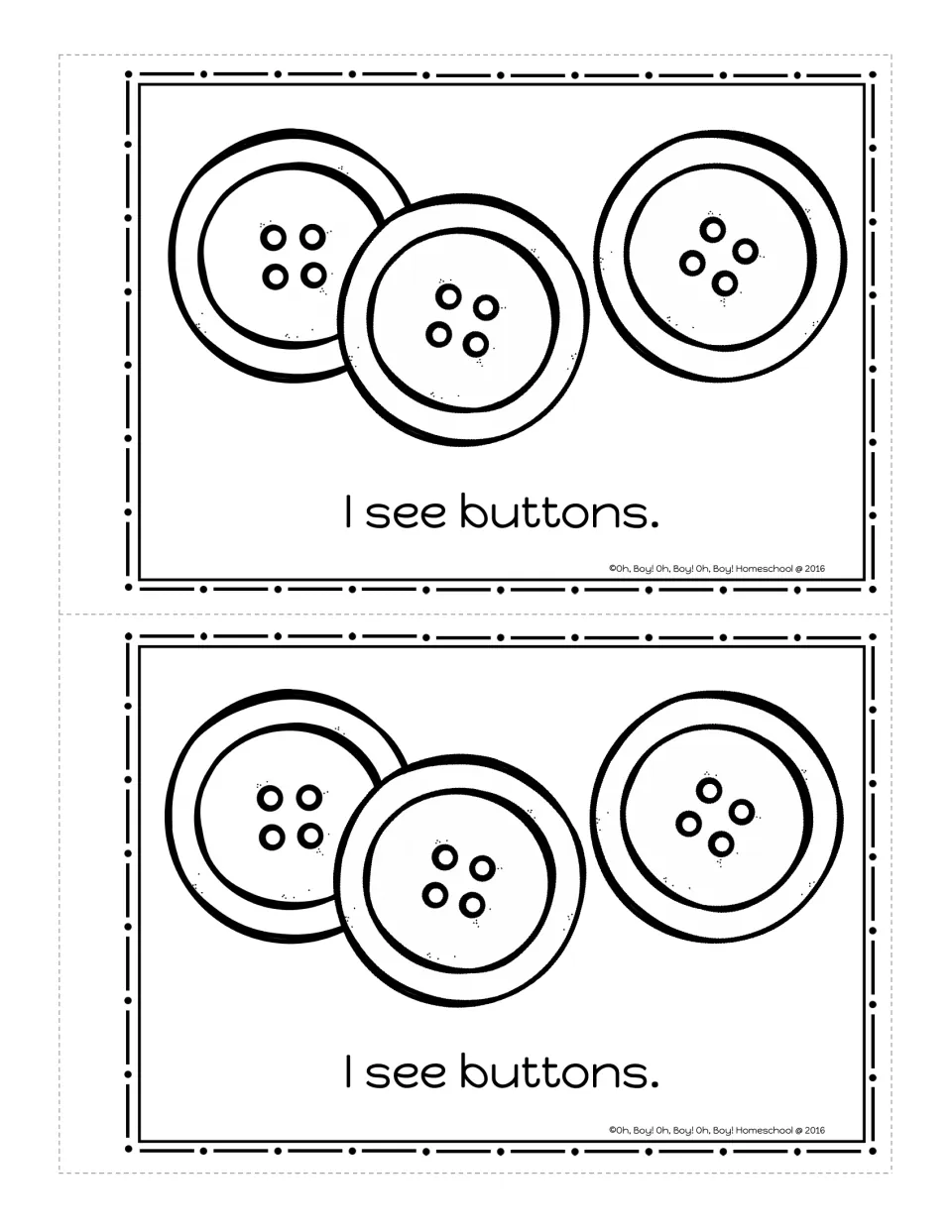 Circle booklet page: three round buttons with the sentence 'I see buttons.' to color, printed twice
