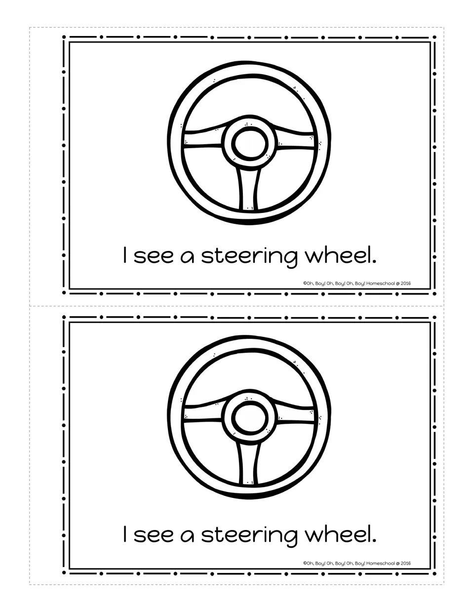 Circle booklet page: a round steering wheel with the sentence 'I see a steering wheel.' to color, printed twice