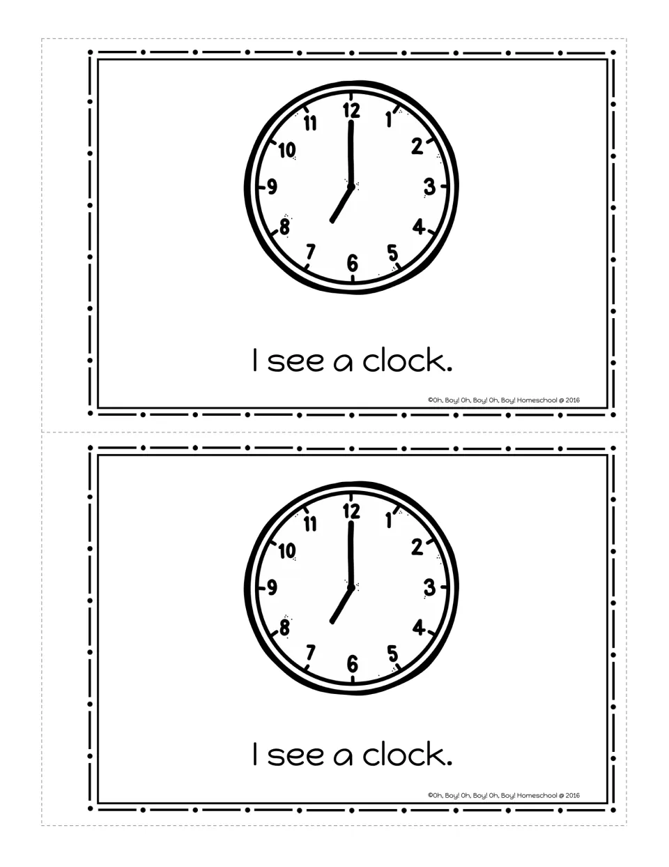Circle booklet page: a round clock showing 7:00 with the sentence 'I see a clock.' to color, printed twice
