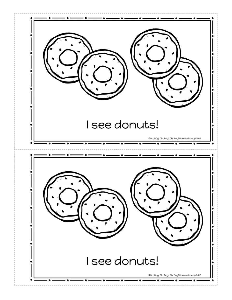 Circle booklet page: four sprinkled donuts with the sentence 'I see donuts!' to color, printed twice