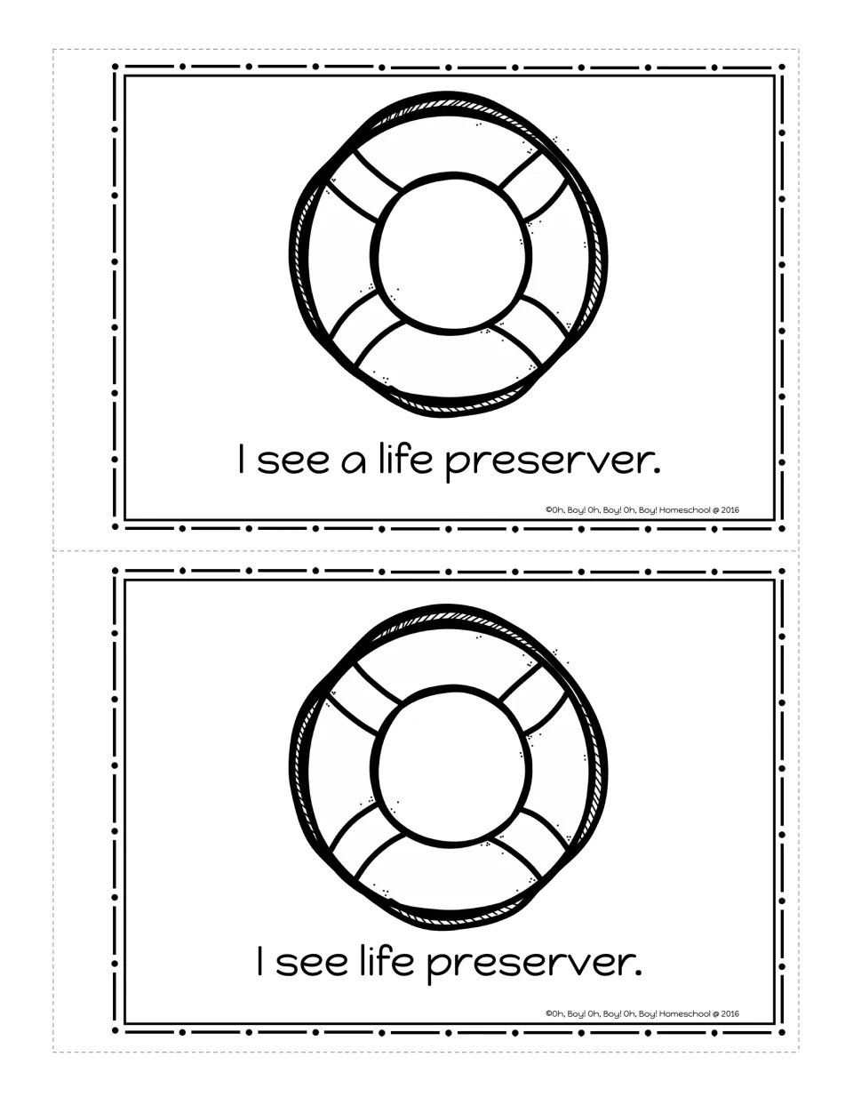 Circle booklet page: a life preserver ring with 'I see a life preserver.' (second copy omits 'a'), printed twice