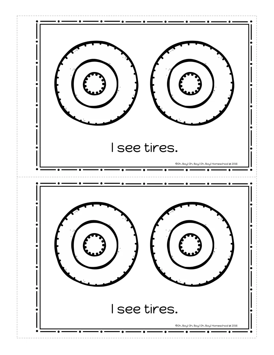 Circle booklet page: two round tires with the sentence 'I see tires.' to color, printed twice