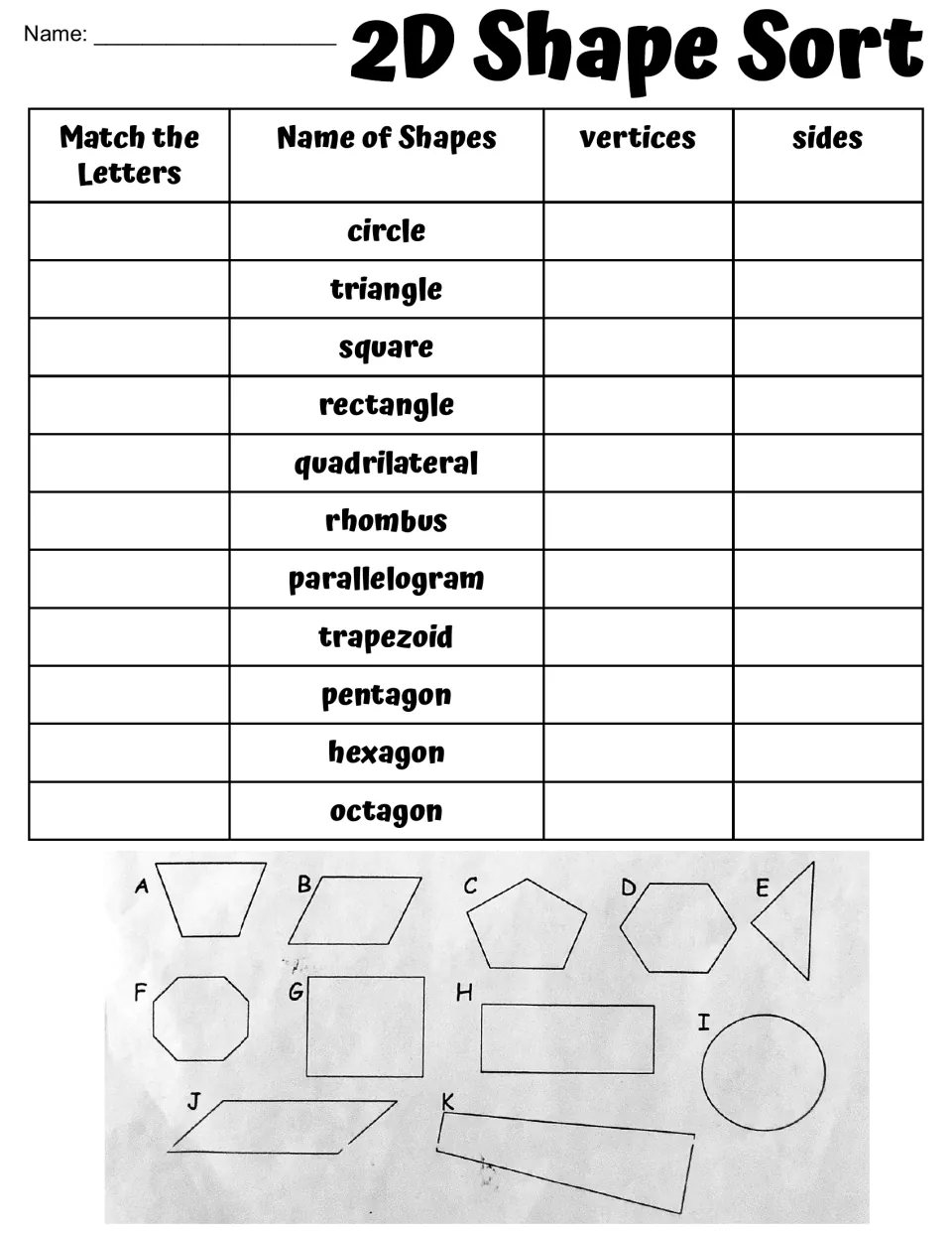 2D shape sort: students match 11 lettered shapes A to K to names like rhombus and octagon, then count vertices and sides