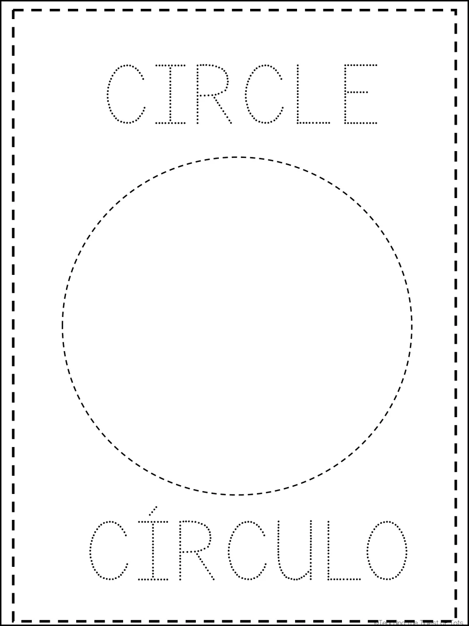 Circle flashcard: children trace a dashed circle and the dotted words CIRCLE and CÍRCULO, naming the shape in two languages