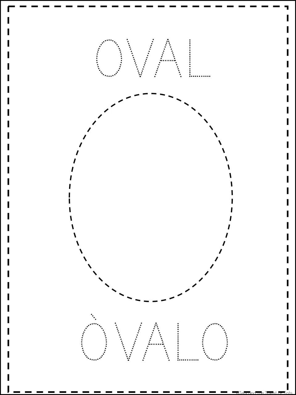 Oval shape card: students trace a dashed oval plus dotted OVAL and ÒVALO, practising shape recognition and letter tracing