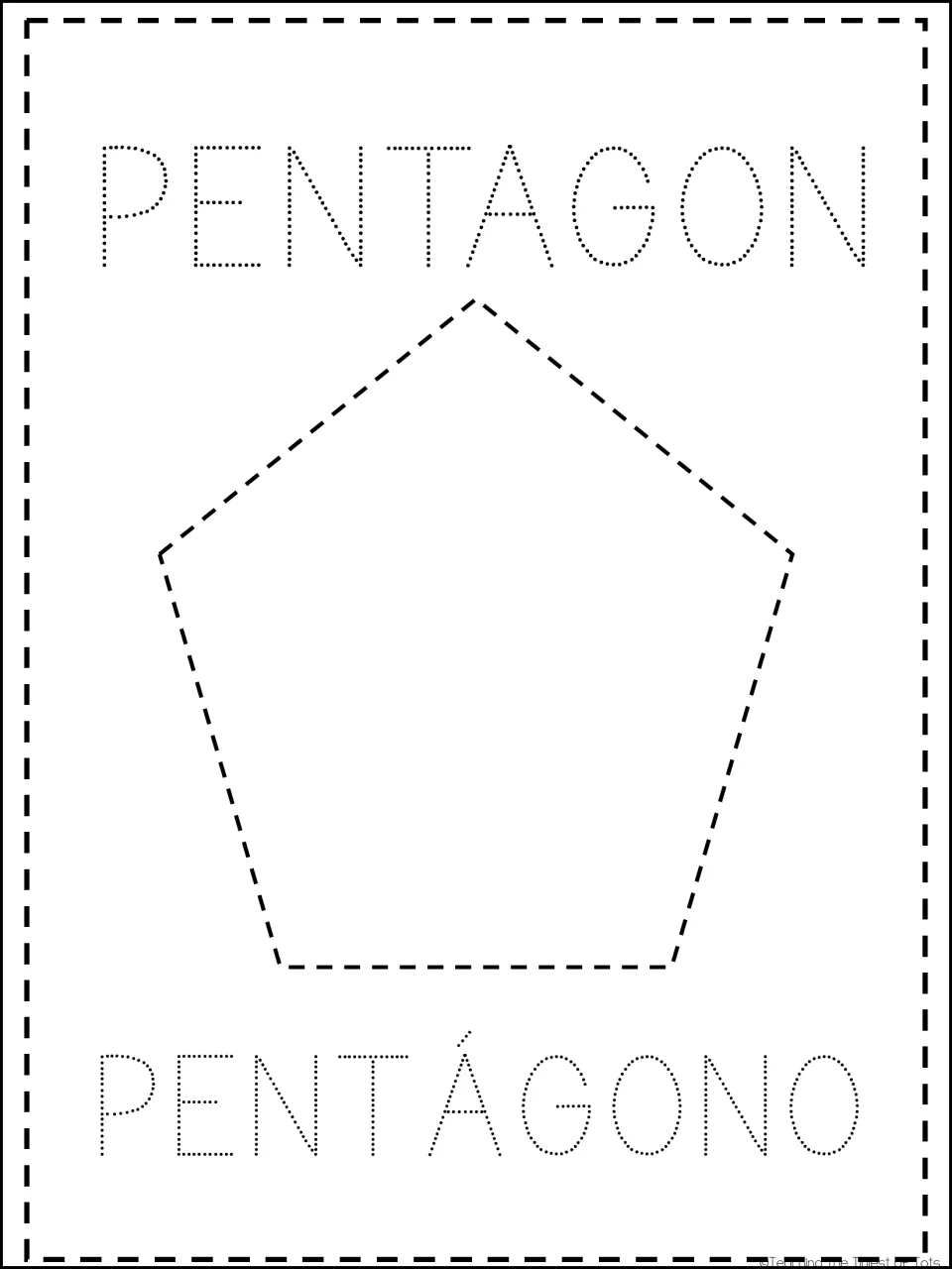 Pentagon card: learners trace a dashed five-sided pentagon and the dotted words PENTAGON and PENTÁGONO, then color it