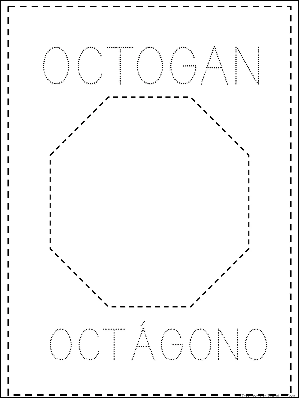 Octagon card: children trace a dashed eight-sided shape and dotted Spanish OCTÁGONO; the English label is printed OCTOGAN