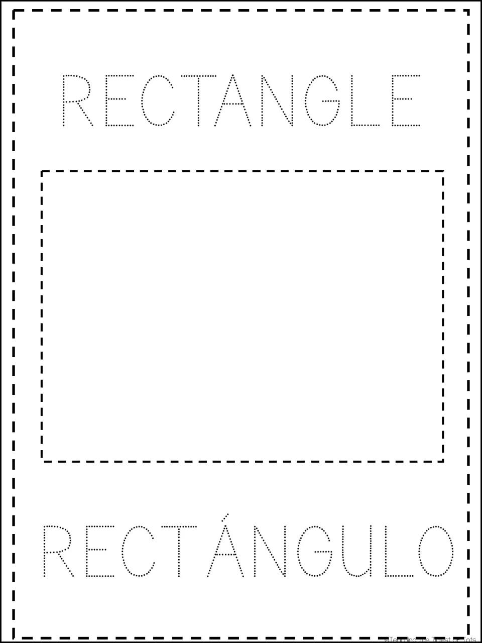 Rectangle card: students trace a dashed rectangle and the dotted words RECTANGLE and RECTÁNGULO for bilingual shape names