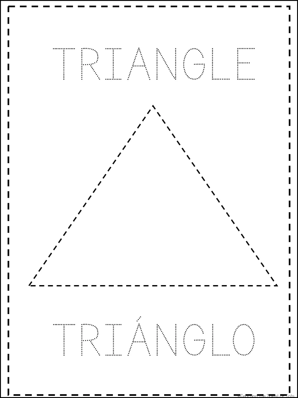 Triangle card: children trace a large dashed triangle and dotted TRIANGLE, with the Spanish word printed as TRIÁNGLO