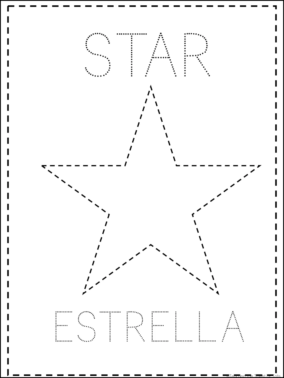 Star card: learners trace a dashed five-point star and the dotted words STAR and ESTRELLA, then color the shape in