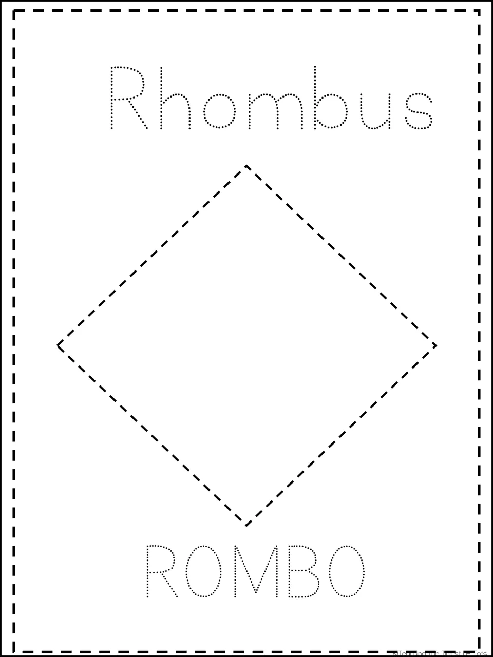 Rhombus card: children trace a dashed diamond-shaped rhombus and the dotted words Rhombus and ROMBO in English and Spanish