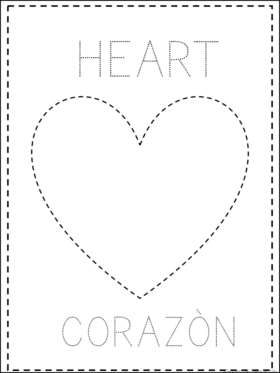 Heart card: students trace a dashed heart and the dotted words HEART and CORAZÒN, naming the shape in both languages