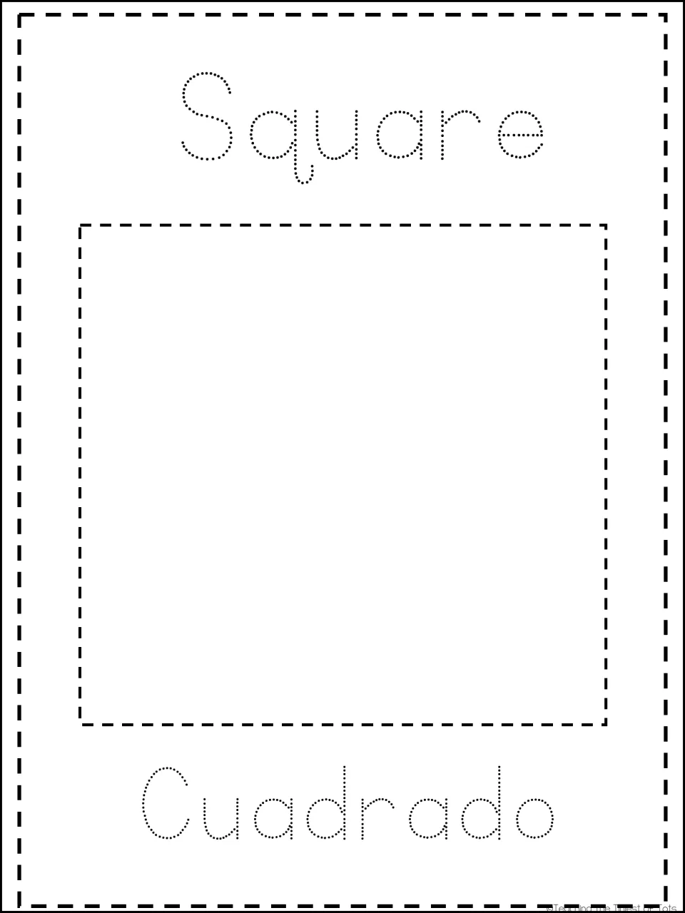 Square card: children trace a dashed square and the dotted words Square and Cuadrado for bilingual shape naming