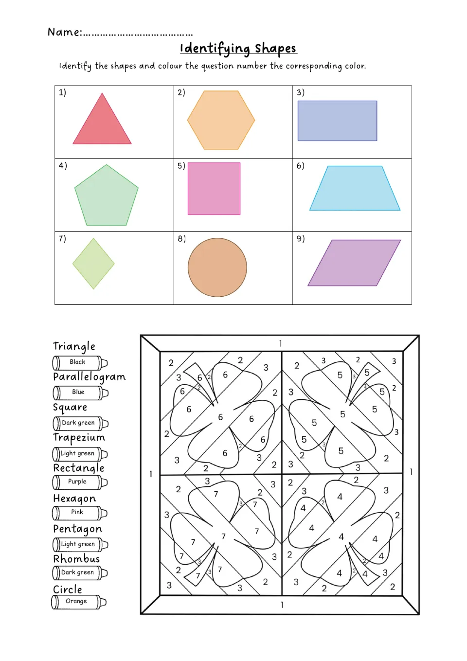 Shape identification activity with nine 2D shapes and a numbered four-clover picture to color using a key.