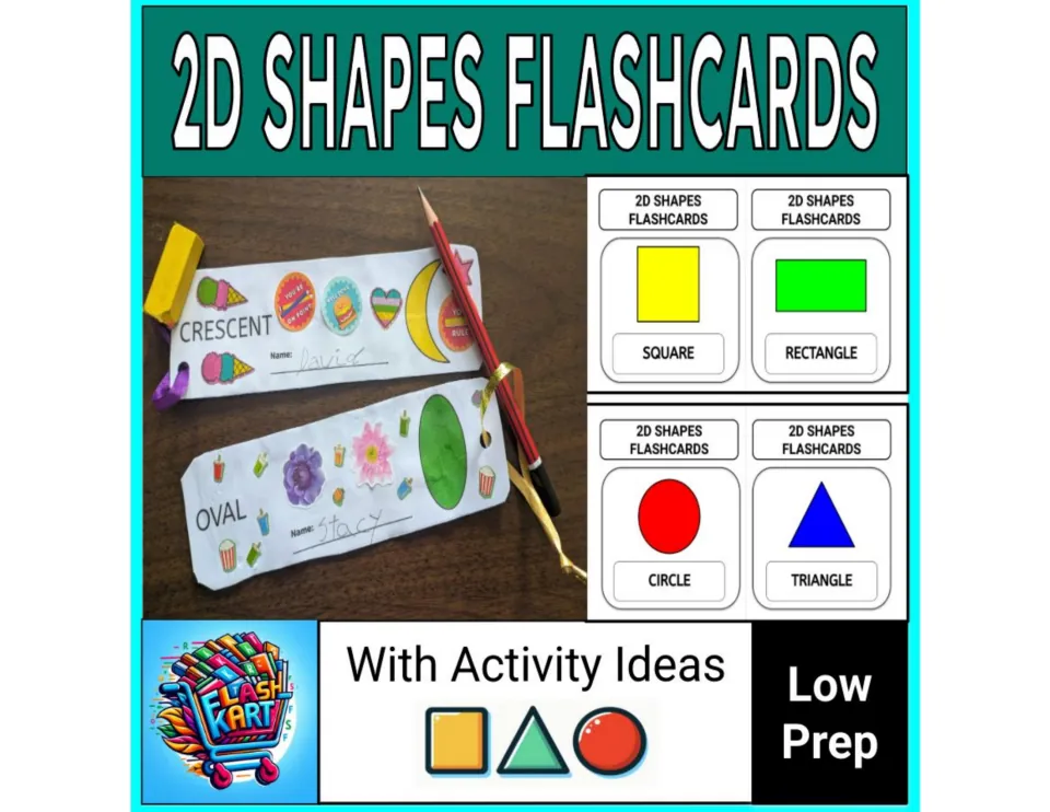 2D Shapes Flashcards cover: square, rectangle, circle and triangle cards beside shape bookmarks labeled crescent and oval