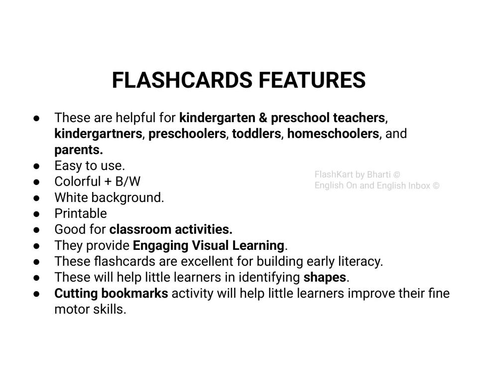 Flashcard features list: color and black-and-white versions, printable cards, shape naming and a bookmark-cutting activity