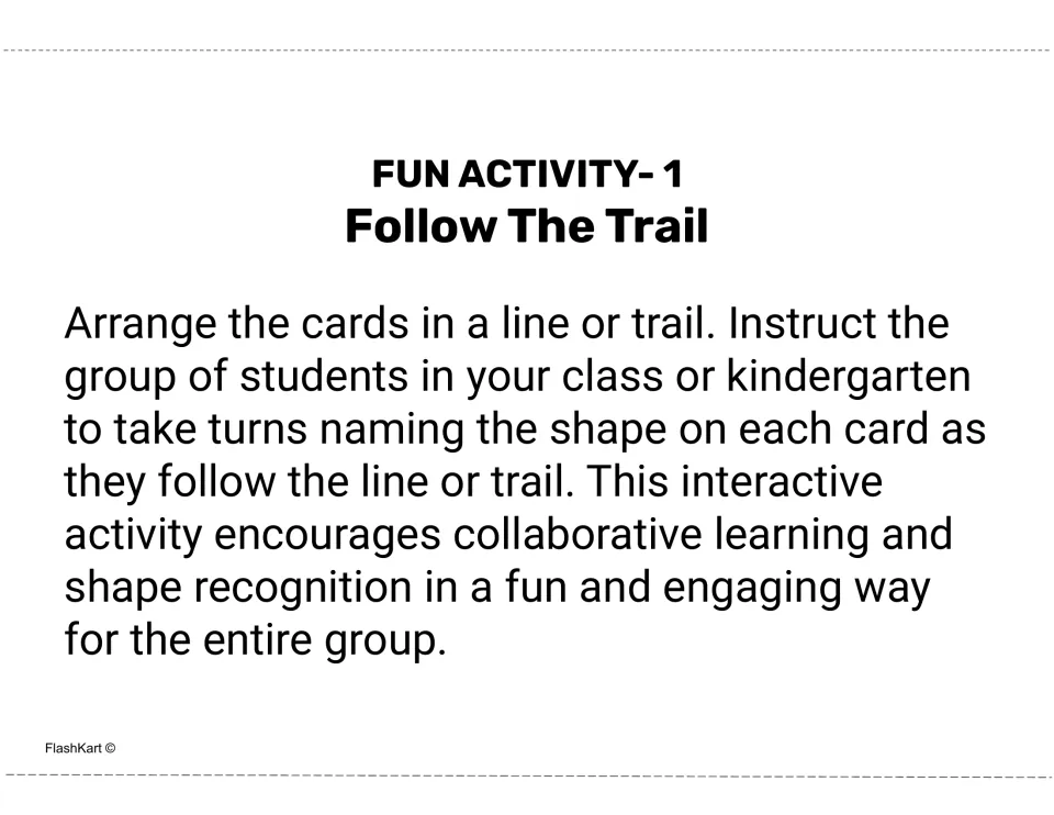Follow The Trail game: cards are laid out in a line and students take turns naming the shape on each card