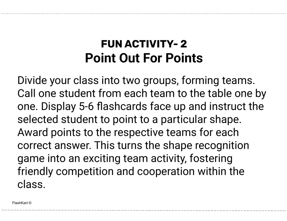Point Out For Points team game: one student per team points to a named shape among 5-6 face-up cards to earn team points