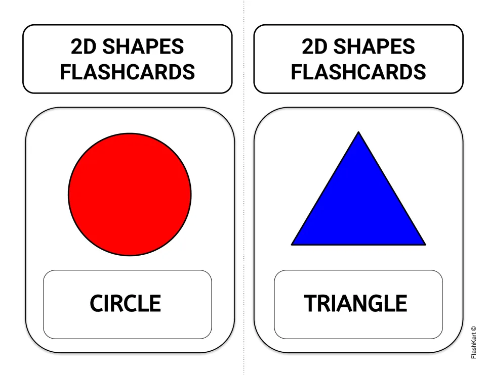 Two shape flashcards to cut out: a red circle labeled CIRCLE and a blue triangle labeled TRIANGLE, for naming each shape