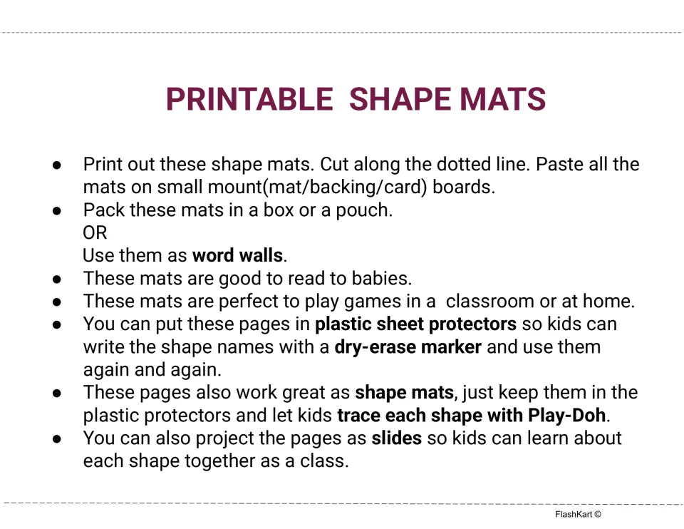 Printable shape mats directions: cut on the dotted line, mount on card, use as word walls, trace with Play-Doh or dry-erase