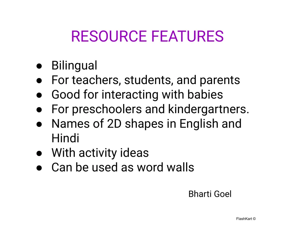 Resource features list: bilingual, names of 2D shapes in English and Hindi, activity ideas, usable as word walls