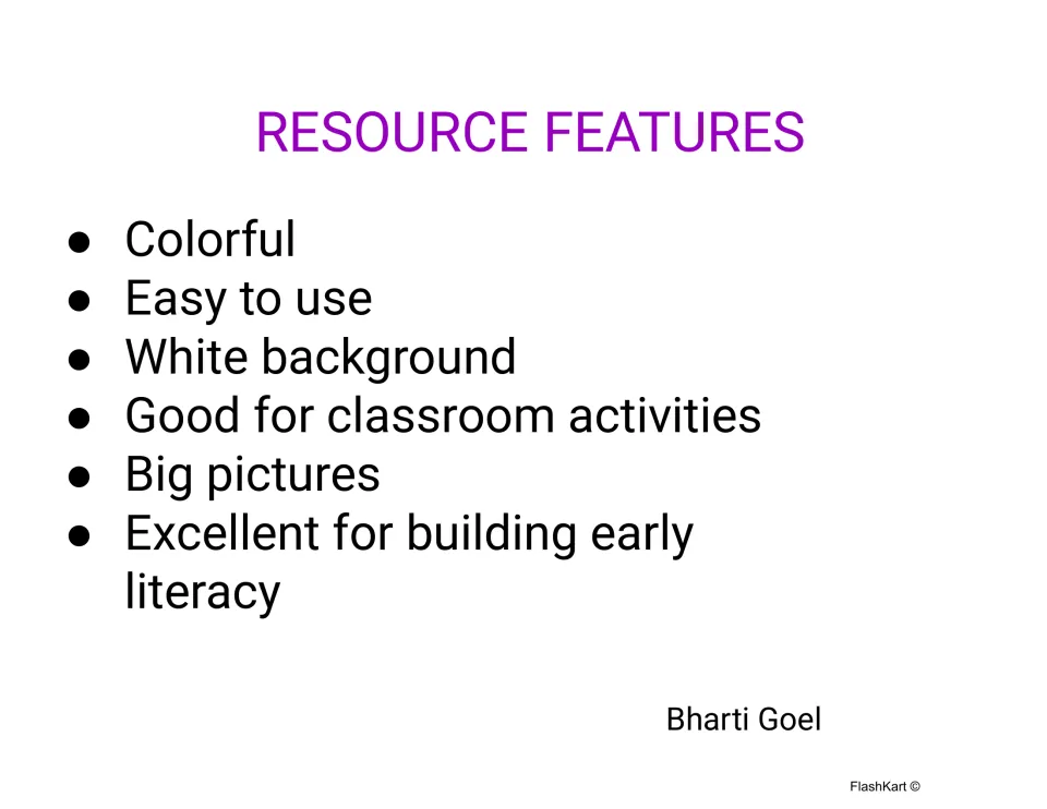 Second resource features list noting colorful mats, white background, big pictures and use in classroom activities