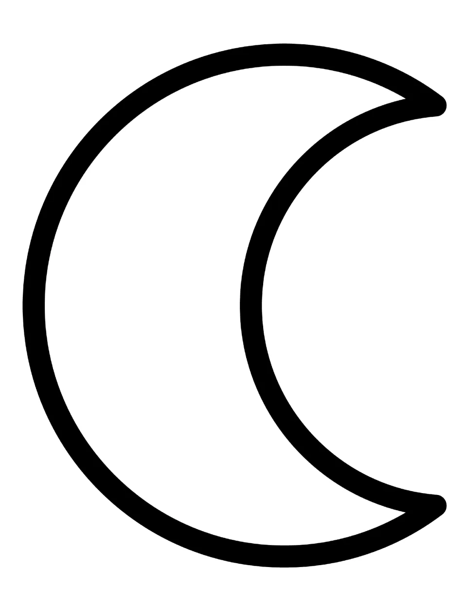 Crescent moon template: a large crescent outline sized to the full page, for students to trace, color or cut out