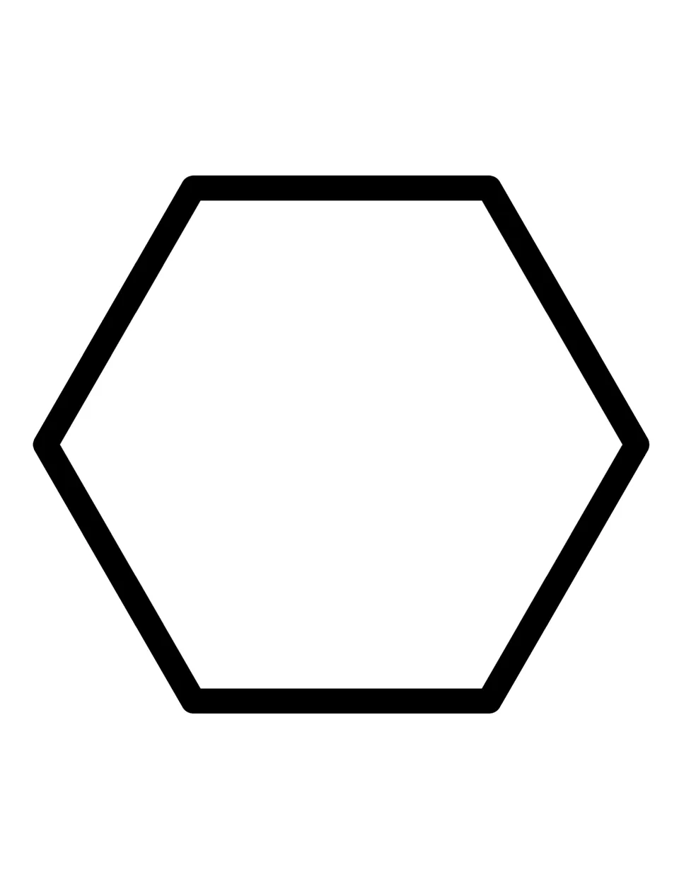 Hexagon template: a large six-sided shape with flat top and bottom edges, in a bold outline to trace or cut out