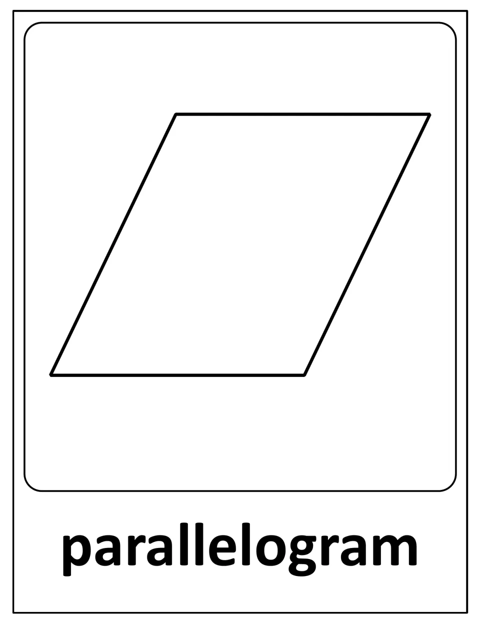 Parallelogram poster: a slanted four-sided figure with opposite sides parallel, named in bold as parallelogram