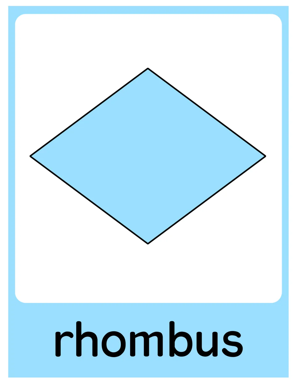 Rhombus poster in the 2D shape resource, showing a light blue rhombus labeled 'rhombus' for classroom display