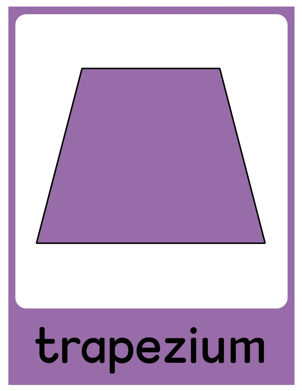 Alternate naming poster in the 2D shape resource, showing the same purple trapezoid with the label 'trapezium'