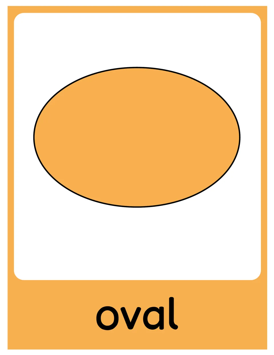 Oval poster in the 2D shape set, showing a solid yellow oval labeled 'oval' for classroom math display.