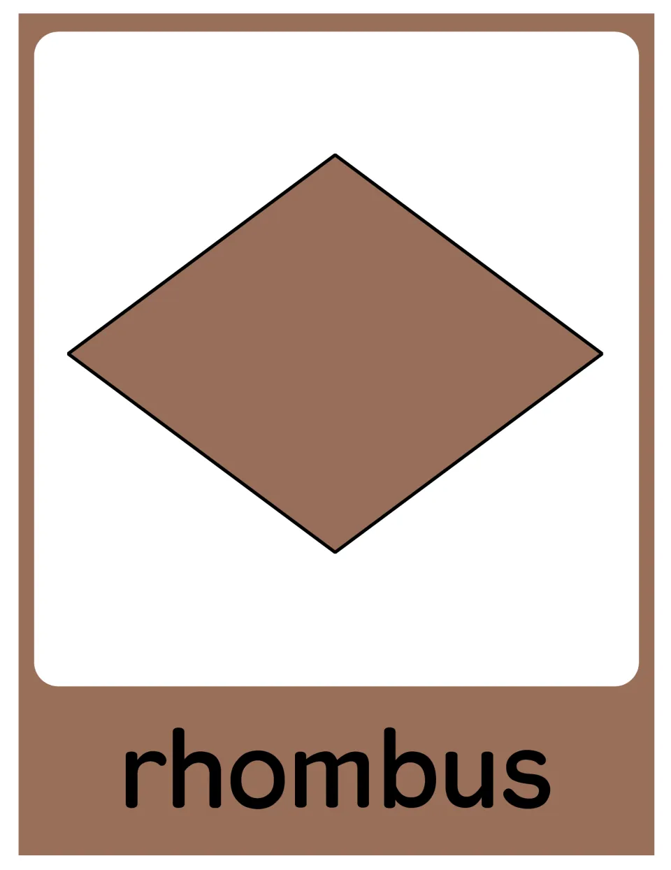 Rhombus poster in the 2D shape set, showing a solid brown rhombus labeled 'rhombus' for classroom display.
