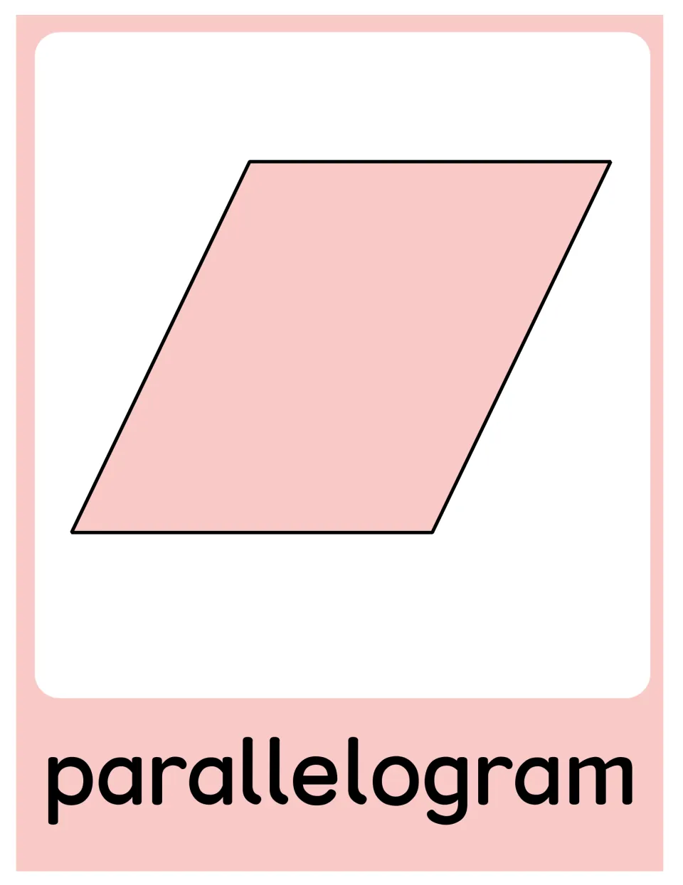 Parallelogram poster in the 2D shape set, showing a pink parallelogram labeled 'parallelogram' for math display.
