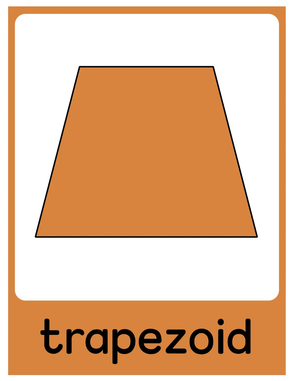 Trapezoid poster in the 2D shape set, showing an orange trapezoid labeled 'trapezoid' for classroom display.